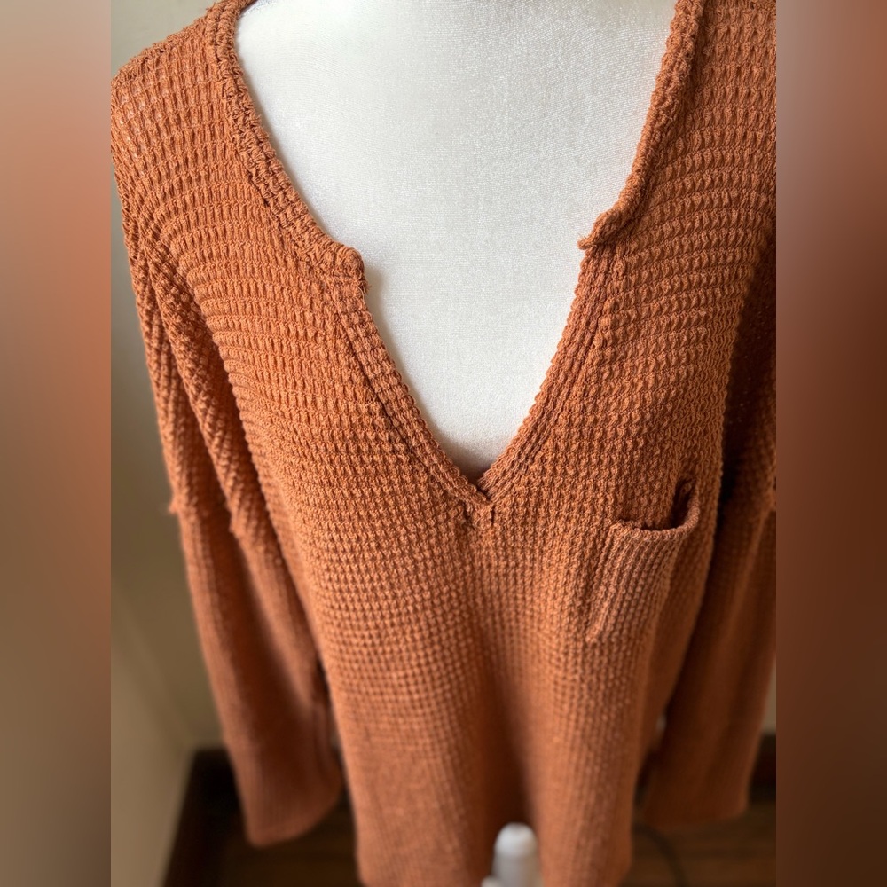 EFAN Rust Orange Waffle Knit Thermal Top Oversized Boho Long Sleeve Large - Picture 5 of 10